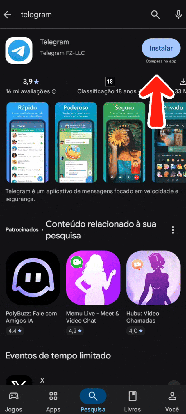Animação da Play Store na ficha do Telegram, com uma seta apontando para o botão de instalar o aplicativo.