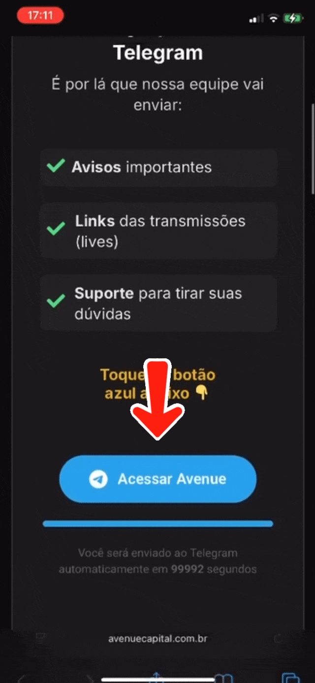 Animação de uma página de obrigado aberta no celular, com uma seta apontando para o botão que abre o grupo no Telegram.
